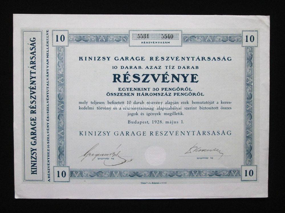 Kinizsy Garage rszvny 10x30 peng 1928